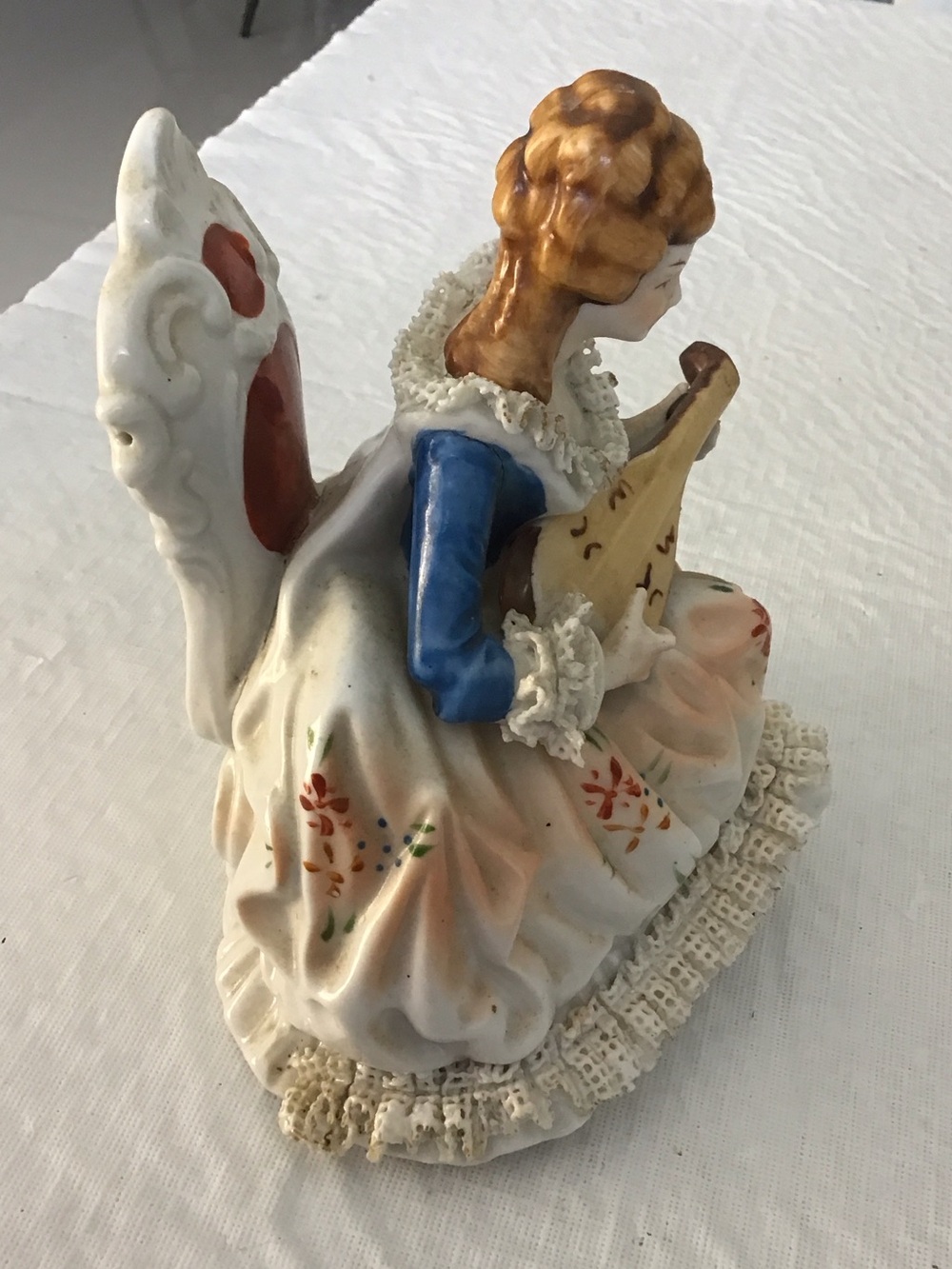 Vintage Blue and Cream Porcelain Lady Figurine with Mandolin #45 - Picture 4 of 5